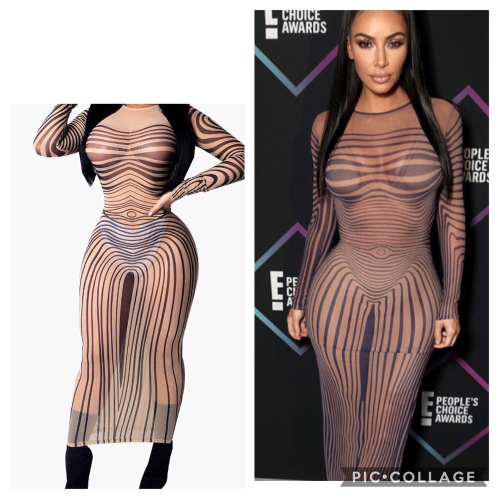 Brown and Nude Mesh Full Length Dress